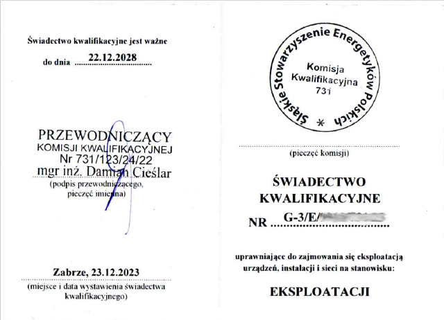 Świadectwo kwalifikacyjne G-3/E eksploatacja instalacji gazowych pracownika Cieplo24.pl