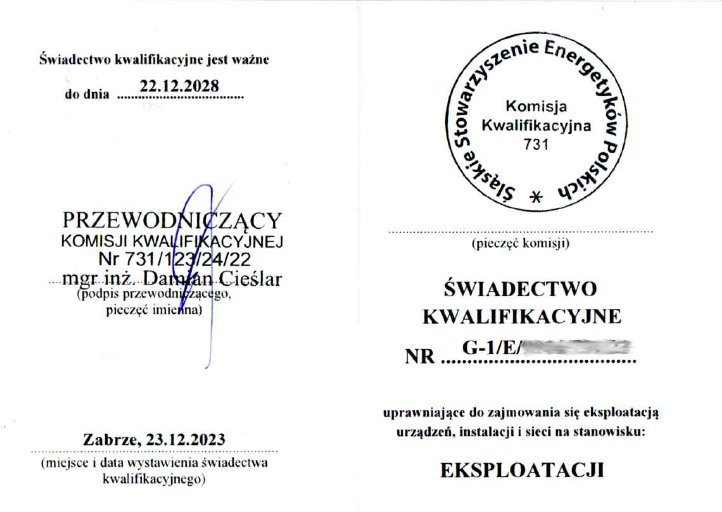 Świadectwo kwalifikacyjne G-1/E eksploatacja instalacji elektroenergetycznych pracownika Cieplo24.pl