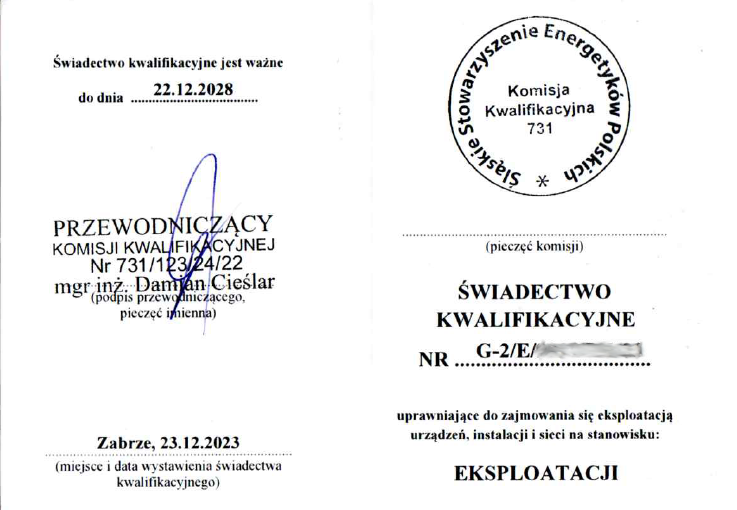 Świadectwo kwalifikacyjne G-2/E eksploatacja urządzeń i instalacji cieplnych pracownika Cieplo24.pl