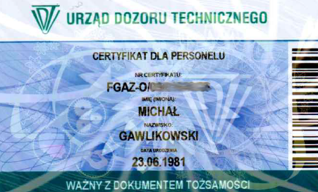 Certyfikat F-GAZ kategorii I dla personelu UDT pracownika Cieplo24.pl