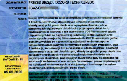 Certyfikat F-GAZ UDT - pompy ciepła i klimatyzacja Cieplo24.pl