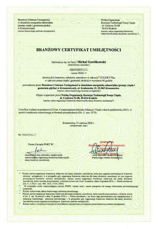 Branżowy Certyfikat Umiejętności EUCERT Plus pompy ciepła i geotermia płytka Cieplo24.pl