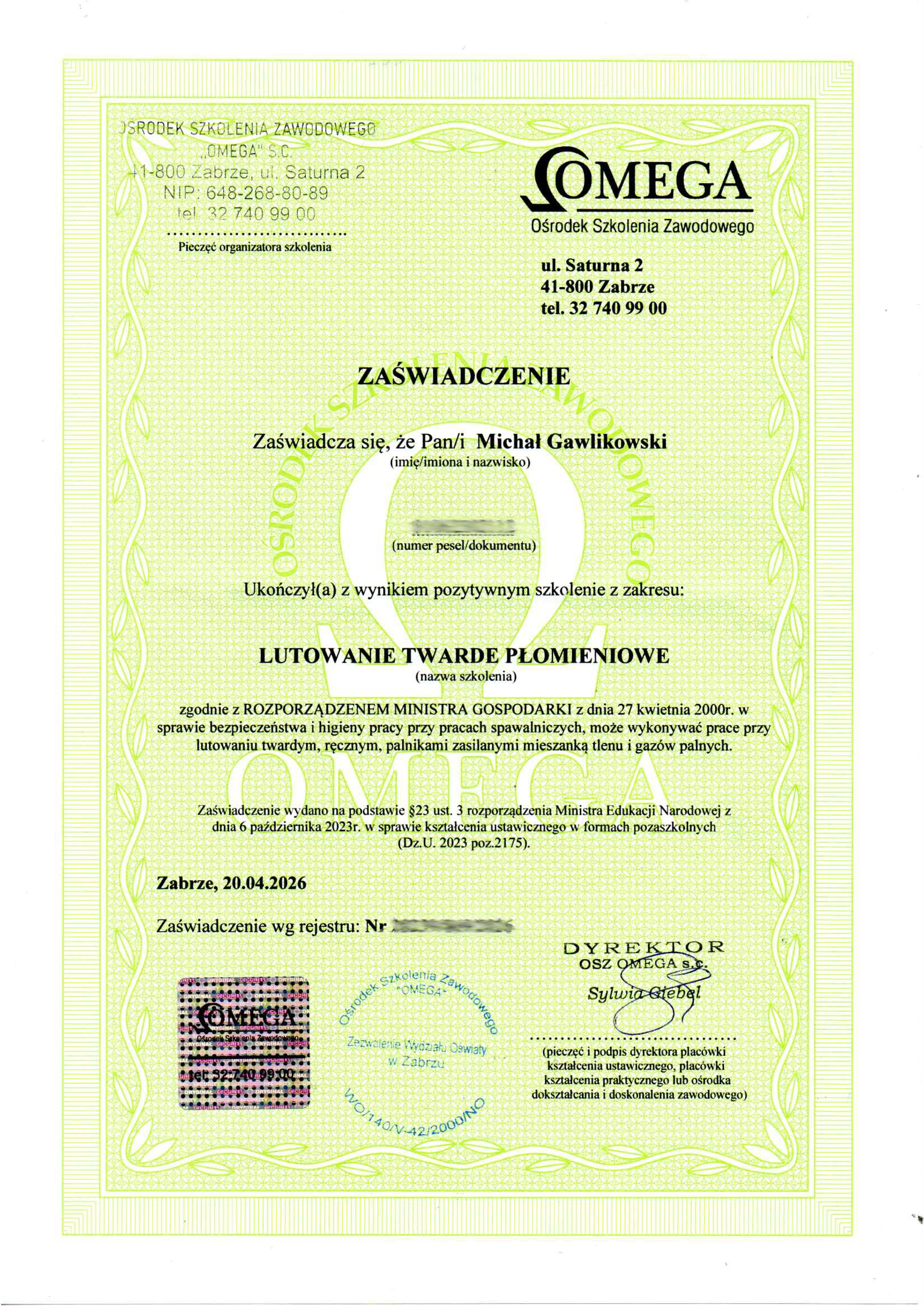 Zaświadczenie - lutowanie twarde płomieniowe OMEGA potwierdzające kwalifikacje pracownika Cieplo24.pl
