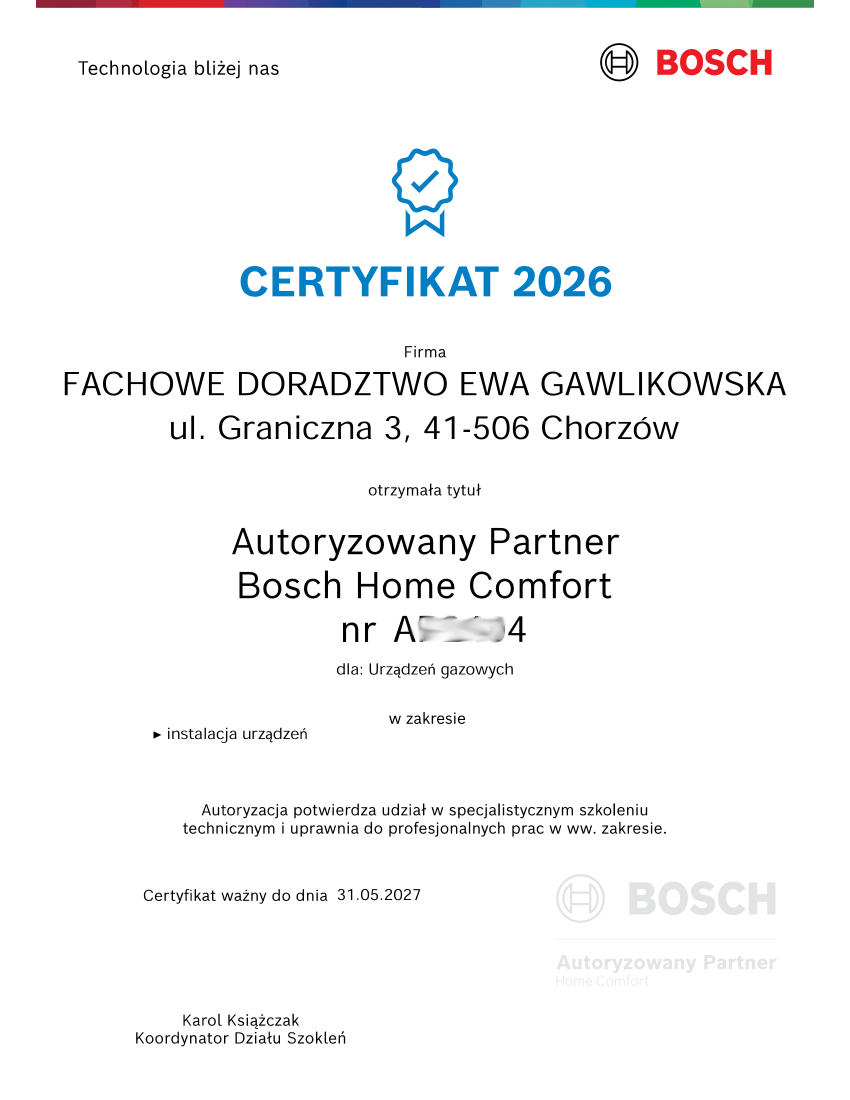 Certyfikat Bosch Home Comfort 2026 Autoryzowany Partner Cieplo24.pl - urządzenia gazowe