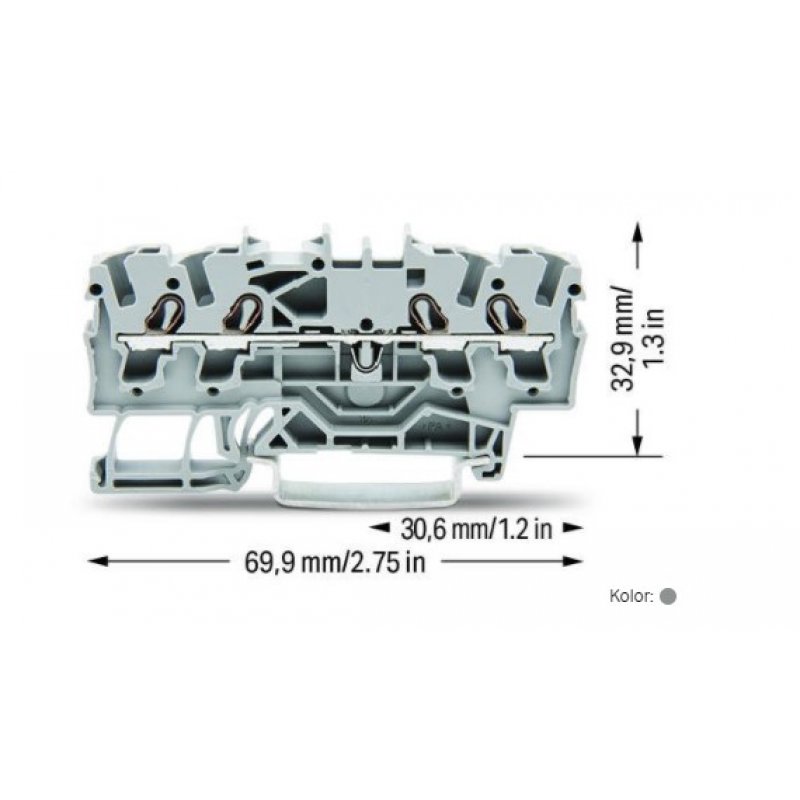 WAGO TOPJOB S 4-przewodowa złączka przelotowa; 2,5 mm2, na szynę TS 35 x 15 i 35 x 7,5, szara Kod 2002-1401 