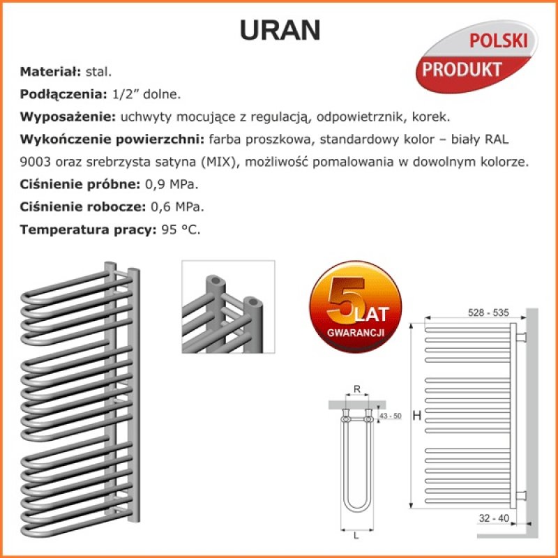 Termix grzejnik łaz. biały URAN 480 mm X 130 mm U 9 