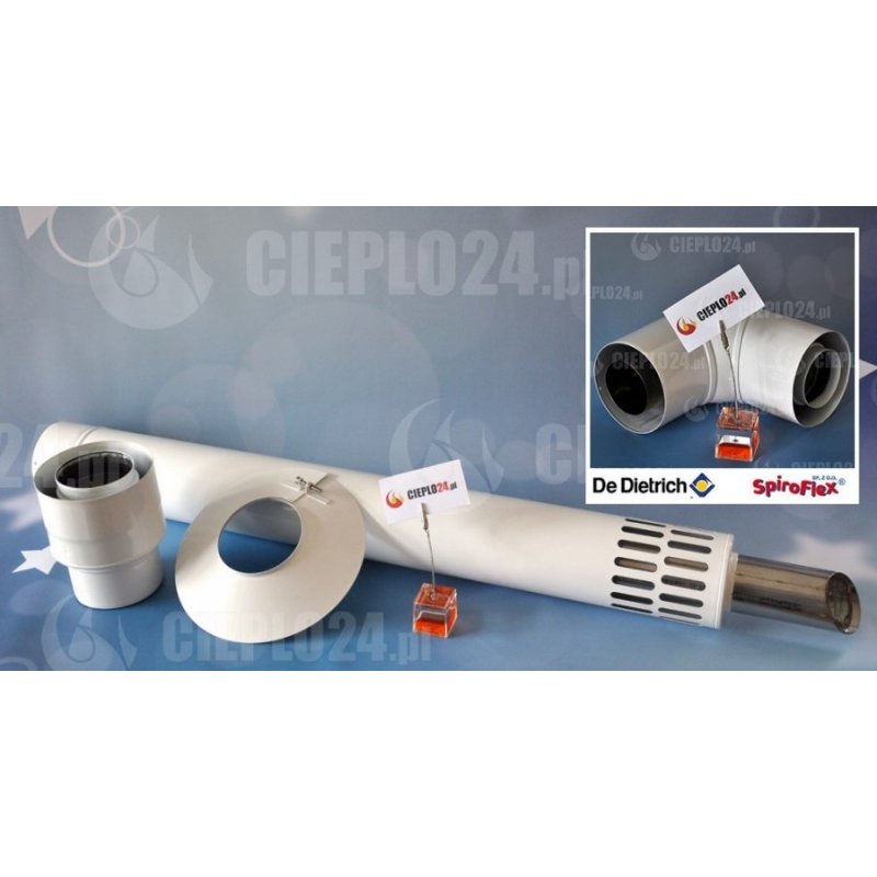 Spiroflex zestaw kominowy biały De Dietrich 80/125 wyrzut boczny z kolanem do kotłów kondensacyjnych SX-TD80/125PAKBDD-B-PAKIET