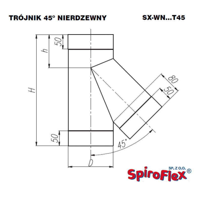 Spiroflex  trójnik spalinowy 45° fi 250 stal nierdzewna, trójnik kominowy SX-WN250T45 