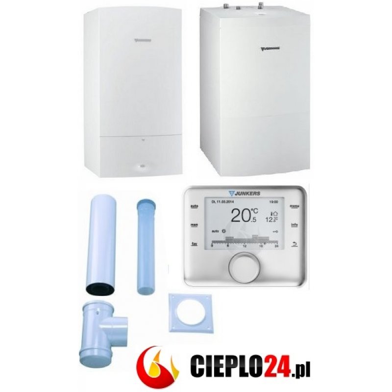 Junkers Pakiet Cerapur Smart ZSB 24-5C + Zasobnik WD160B + Regulator Pogodowy CW400 + System Powietrzno-Spalinowy AZB 616/1 kod 8734100513 URUCHOMIENIE GRATIS !!