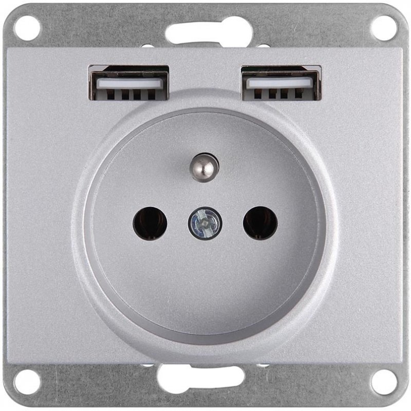 ONNLINE Omega Gniazdo pojedyncze z uziemieniem 16A ładowarka 2xUSB, PT-16O/USB SREBRNY KOD 9002638