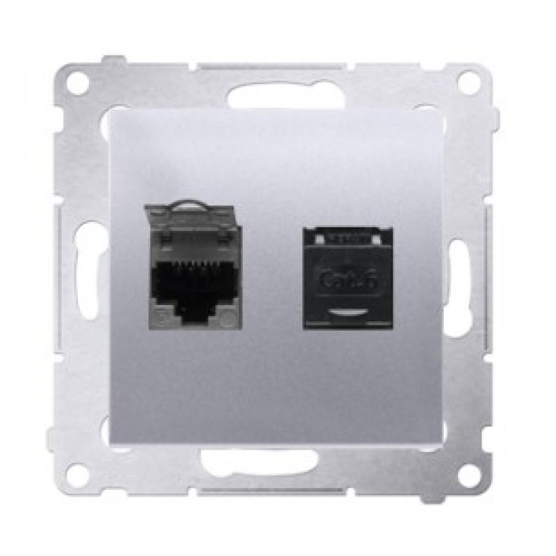 KONTAKT SIMON Simon 54 Gniazdo komputerowe podwójne RJ45 kat. 6, z przesłoną przeciwkurzową, srebrny mat Kod D62.01/43