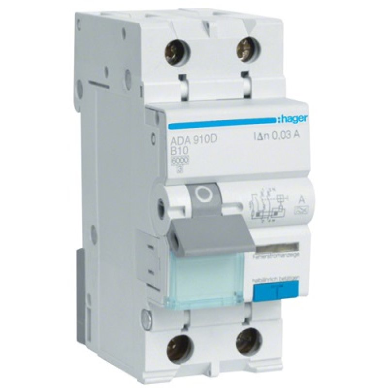 HAGER Wyłącznik różnicowoprądowy nadprądowy typu A, 1P+N 6kA B, 10A, 30mA, 2-biegunowy KOD ADA910D