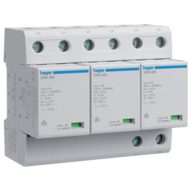 HAGER SPD Ogranicznik przepięć T1 kombinowany 3P sieć TN-C Iimp=75kA Up≤1,5kV KOD SPN800