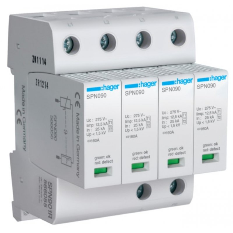 HAGER SPD Ogranicznik przepięć T1+T2 MOV 4P sieć TN-S Iimp=50 kA Up1,5kV styk FM KOD SPN901R