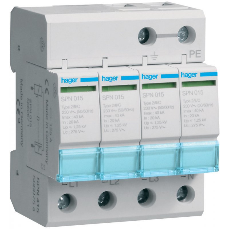 HAGER, SPN Ogranicznik przepięć T2 4P sieć TN-S In=20kA Up1,25kV, Typ 2 KOD: SPN415