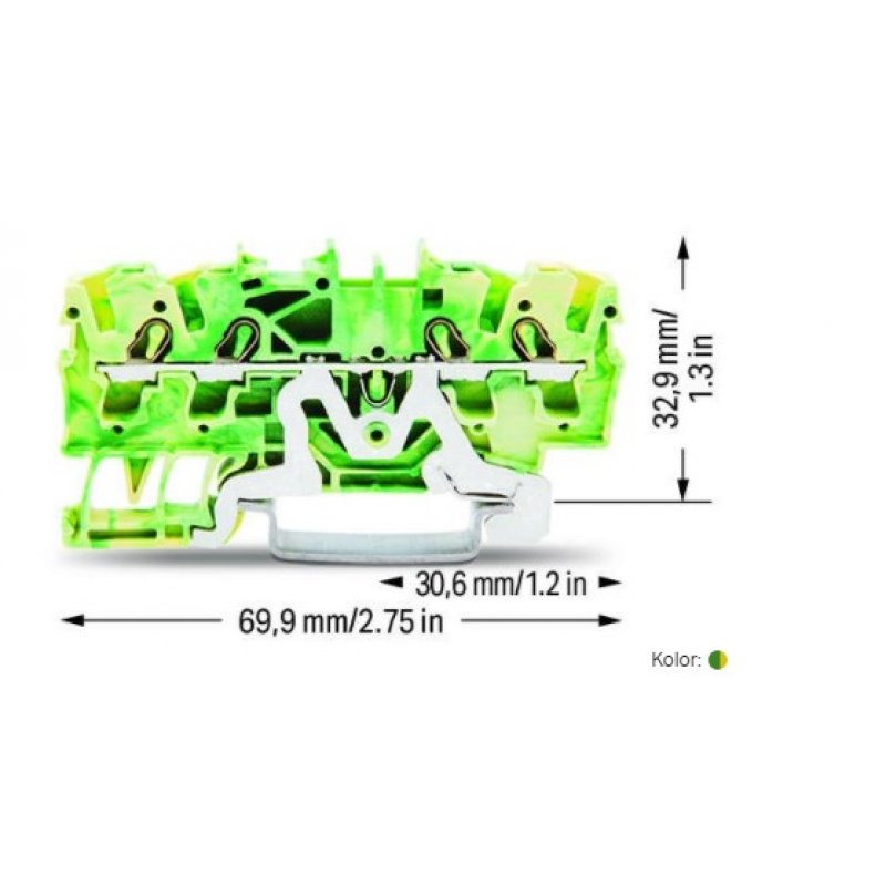 WAGO TOPJOB S 4-przewodowa złączka PE 2,5 mm2, na szynę TS 35 x 15 i 35 x 7,5, żółto-zielona Kod 2002-1407 