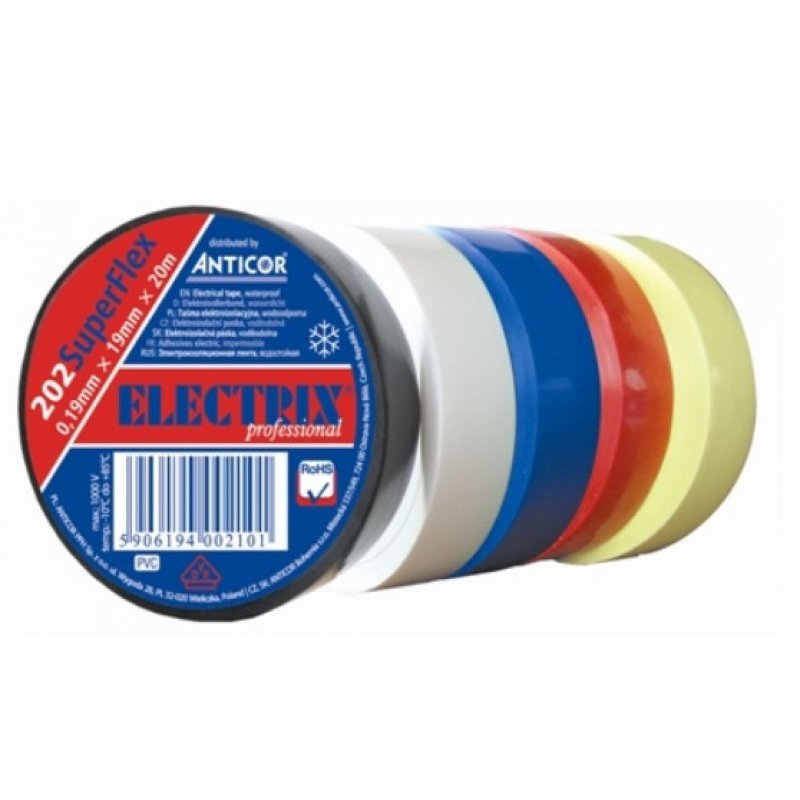 Anticor Electrix 202  Superflex Taśma elektroizolacyjna PCW, czarna 0,19mmx19mx20m Kod PE-2022001-0019020
