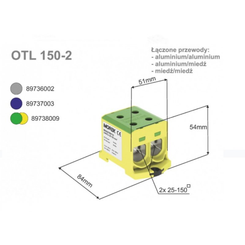 SIMET OTL150-2 Złączka szynowa gwintowa rozgałęźna AL/CU / 25-150 mm2 MAA2150Y10 żółto-zielony Kod 89738009 