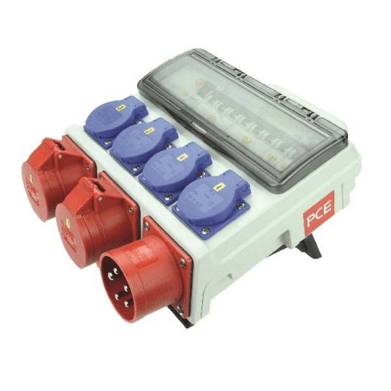 PCE DZIERŻONIÓW Rozdzielnica stacjonarna, wejście 16A/5p, wyjście 2 x 16A/5p, 4 x 250V 16A, 2 x B16, IP54, KOD: 9004010W