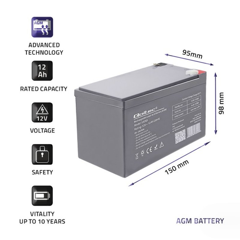 Qoltec Akumulator AGM, 12 V, 12 Ah, max. 180A, KOD 53049 