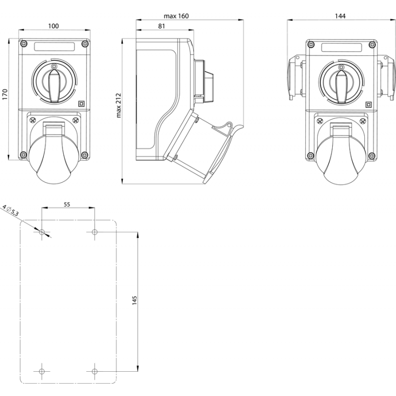 SPAMEL ZI2 Zestaw instalacyjny z rozłącznikiem 0-I, 3P+N+PE, 2 x gniazda boczne P+N+PE, 16A, M25x1.5, KOD: ZI24-R211 