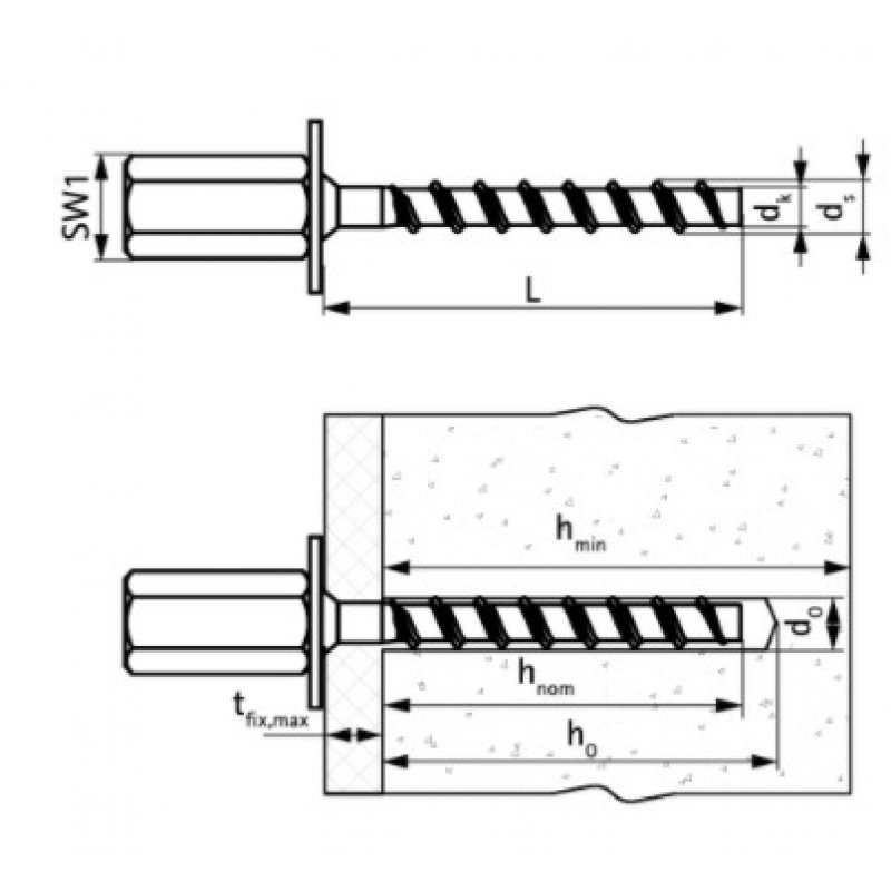 Walraven WCS1N Śruba do betonu, wysokie parametry mocowania z gwintem wewn. M8/M10 Kod 6253606 
