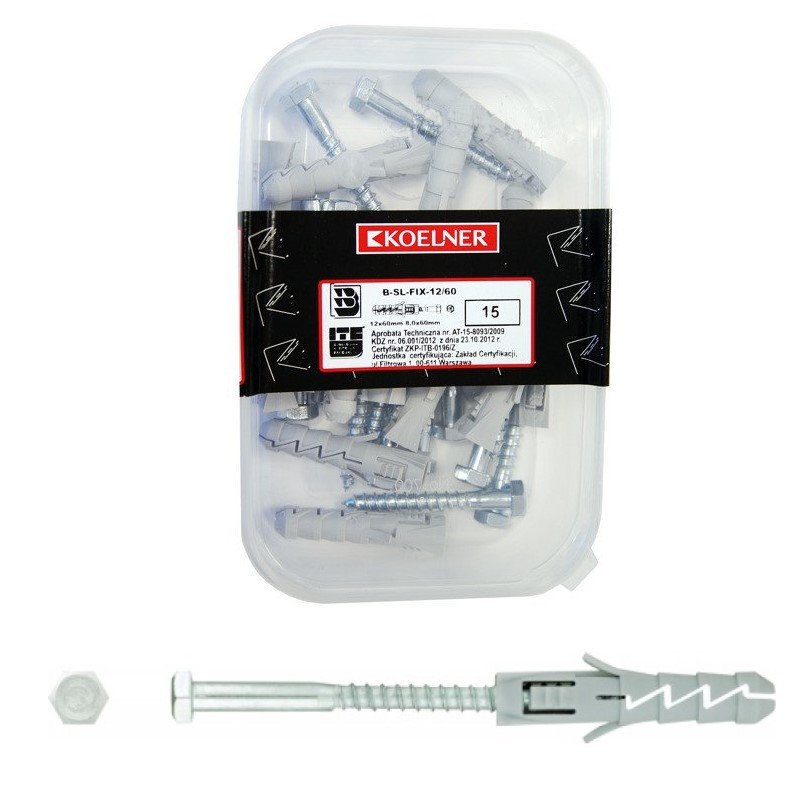 KOELNER FIX Kołek rozporowy, FI 12 x 60mm, wkręt sześciokątny FI 8 x 60mm, 50 sztuk w opakowaniu KOD FIX-12/60