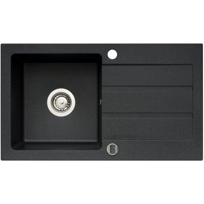 Onnline Zlew granitowy z ociekaczem 76x44cm, jednokomorowy, rozmiar 34x36cm + syfon, czarny Kod: 070 004 901