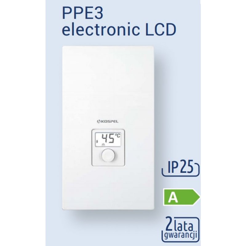 KOSPEL Elektryczny przepływowy trójfazowy ogrzewacz wody ze sterowaniem elektronicznym i wyświetlaczem LCD 27kw Kod PPE3-27.LCD.PL 