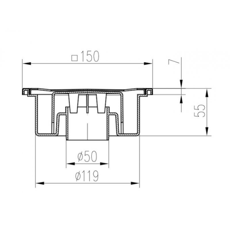 Chudej Dolny odpływ podłogowy D50 wys. 55, 150x150, kratka, plastik Kod 320P 