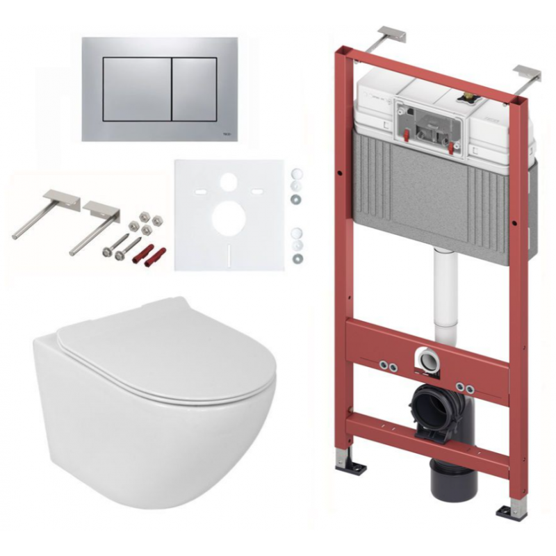 TECEbase Zestaw - stelaż podtynkowy, spłuczka Base z przyciskiem chrom połysk, miska LAVITA RIM+ SOFI SLIM biała z deską wolonoopadającą białą kod S002