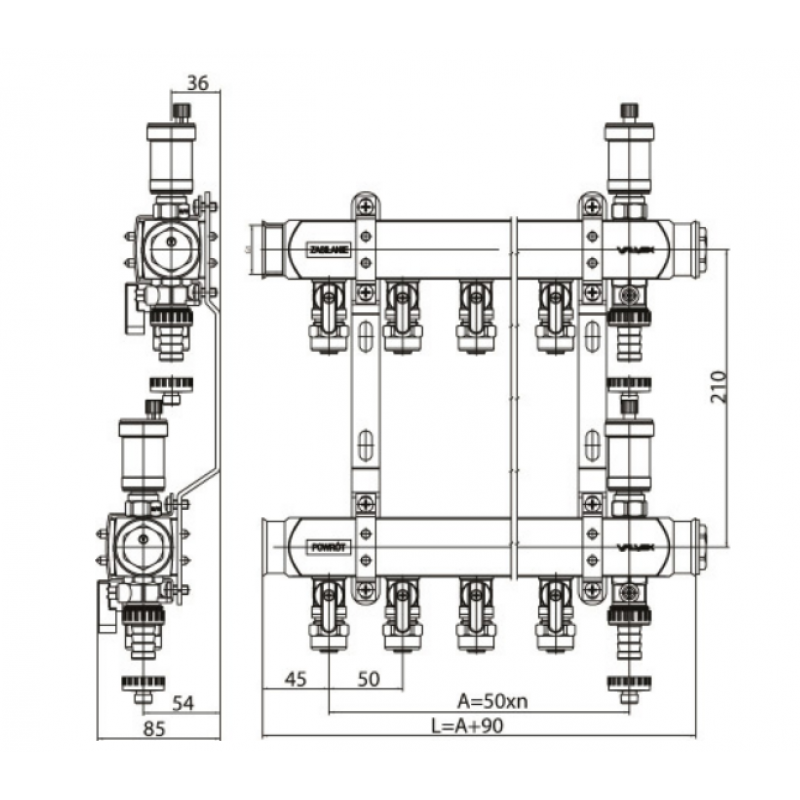 VALVEX K2-9 BASE INOX Zespół rozdzielaczy K2 mini G1-G1/2, 9 obiegów Kod 6084070 