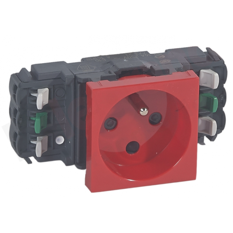 Legrand Mosaic Gniazdo do kanałów DLP 2P+Z, z przesłoną, przyłącze samozaciskowe, 16A-250V, z uziemieniem, czerwone Kod 077321