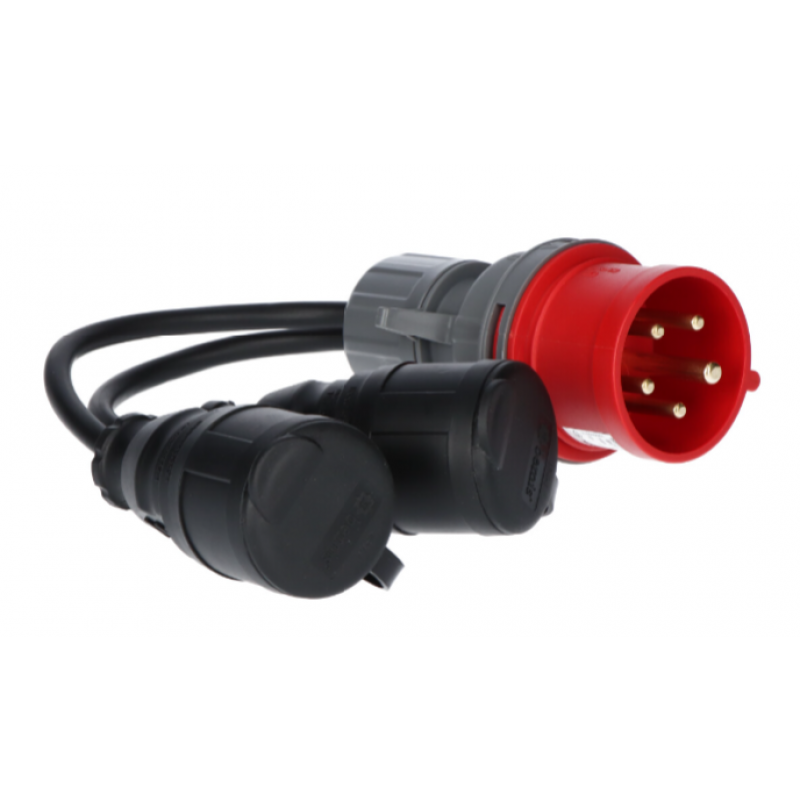 OPAL KAMPER Reduktor kempingowy, wtyczka siłowa 16A/5P + 2xOW 3x1,5mm2, przewód 0,25 metra + 2x gniazda gumowe KOD F7.0125