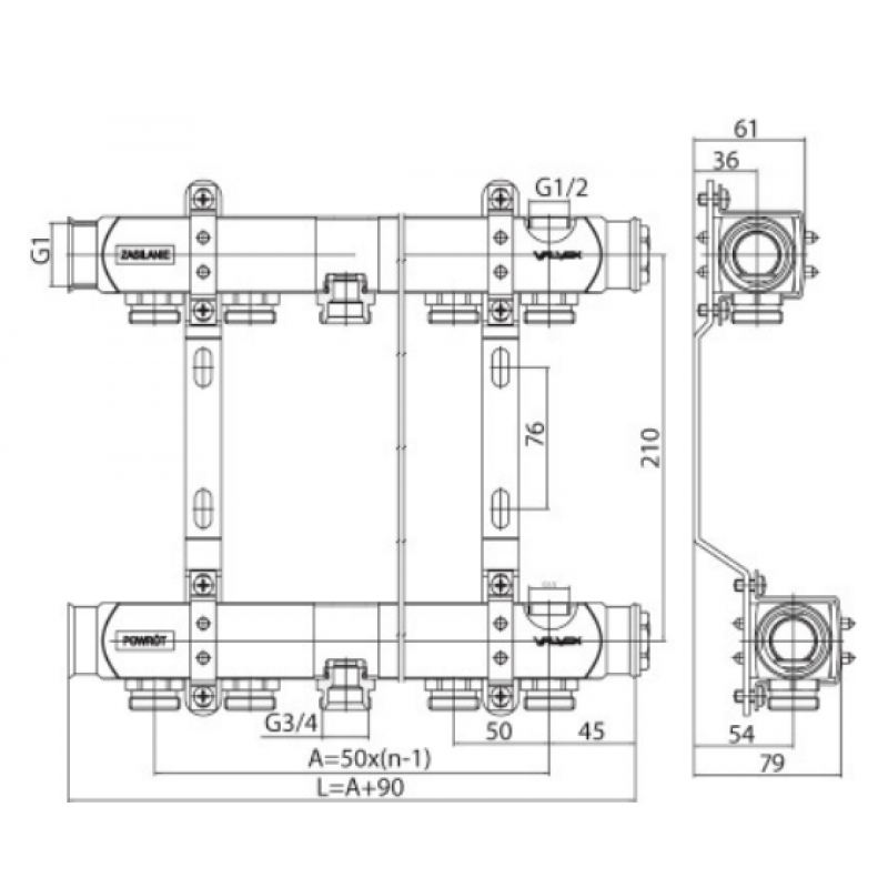 VALVEX K2-5 BASE INOX Zespół rozdzielaczy, 5 obiegów, G1-G3/4 kod 6085180 