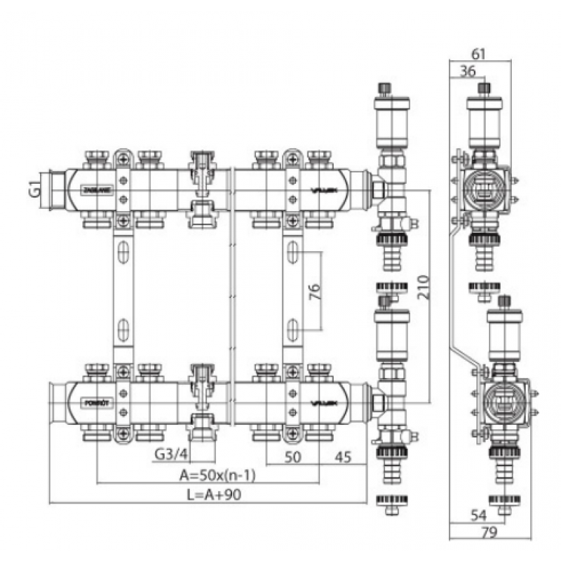 VALVEX K3-10 BASE INOX Zespół rozdzielaczy, 10 obiegów, G1-G3/4 kod 6085380 