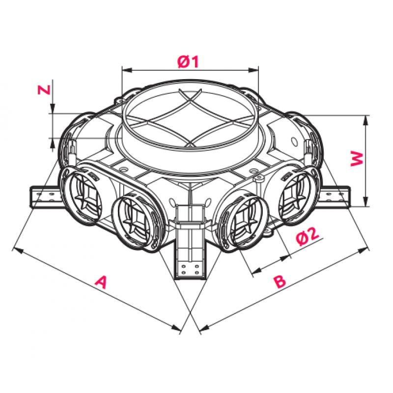 Awenta Skrzynka rozdzielcza, przyłącze fi200, rozprowadzenie 8 kanałów fi75 Kod VCB200-8 