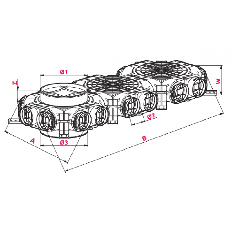 Awenta Skrzynka rozdzielcza, przyłącze fi160/200, rozprowadzenie 16 kanałów fi75 Kod VCB160/200-16 