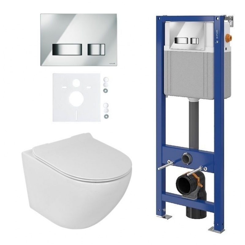 Cersanit Zestaw - stelaż podtynkowy do WC z przyciskiem MOVI (chrom), miska LAVITA RIM+ SOFI SLIM z deską sedesową wolonoopadającą białą kod S020