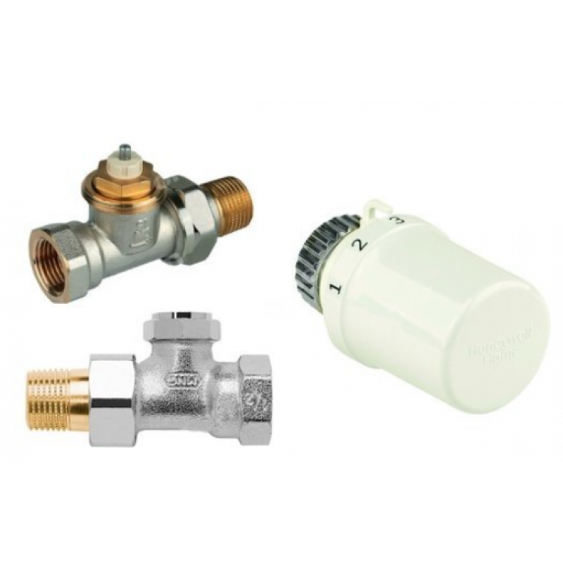 Honeywell Zestaw do grzejników bocznozasilanych: głowica Thera 6 + zawór termostatyczny, prosty, wkładka SX, 1/2 cala + zawór powrotny, prosty,1/2 cala kod VTL3020DS15