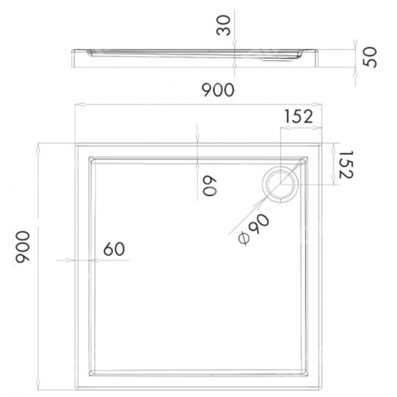 Onnline Brodzik 90x90 cm, kwadrat, typ płytki, głębokość 3cm, wysokość całości 5cm, otwór na syfon fi90 KOD 15848380 