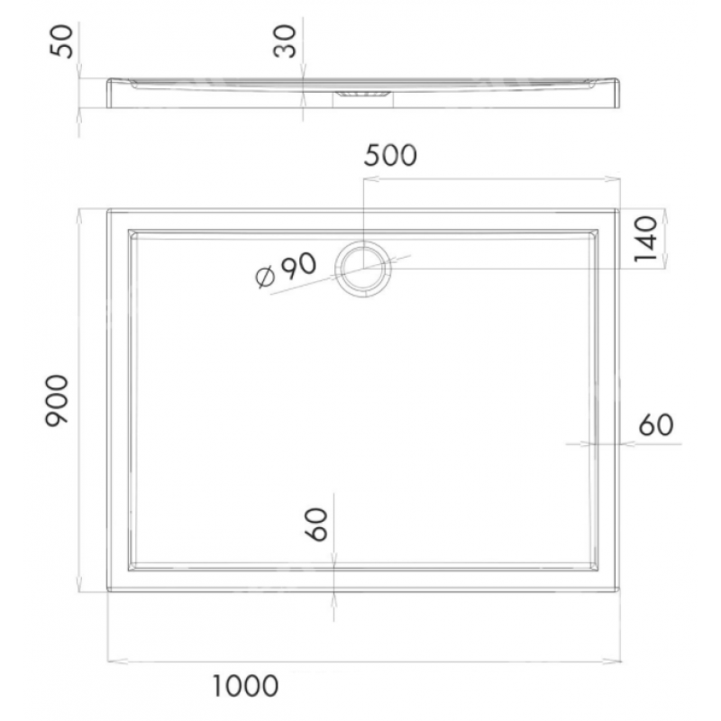 Onnline Brodzik 80x100 cm, prostokątny, typ płytki, głębokość 3cm, wysokość całości 5cm, otwór na syfon fi90 KOD 15848386 