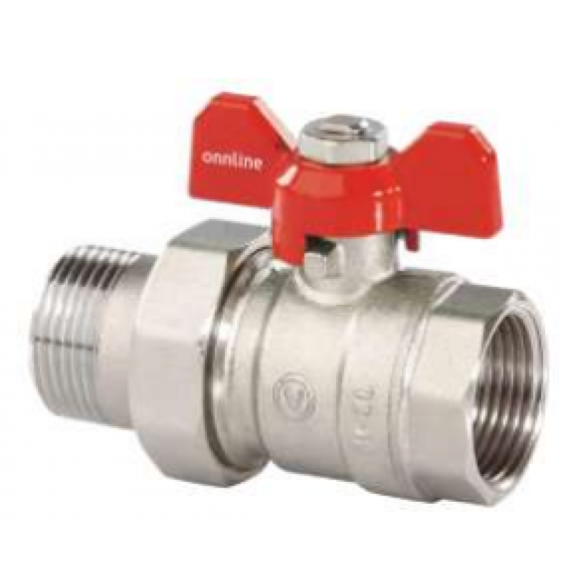 Onnline Zawór kulowy, 1/2 cala, z dławikiem, z półśrubunkiem, niklowany z motylkiem aluminiowym, GW/GZ Kod 1472880