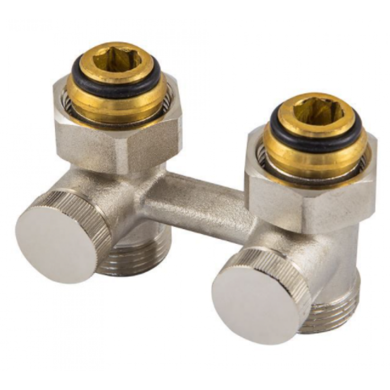 Schlosser Podwójny zawór przyłączeniowy prosty 3/4" GW (z nyplami 3/4x1/2), niklowany KOD 600700003