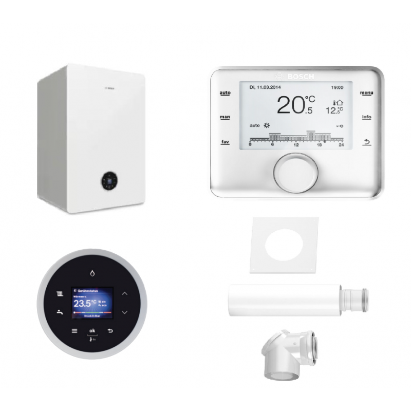 Bosch Condens 5700iWT 24/42 Pakiet Kocioł dwufunkcyjny, z wbudowanym zasobnikiem warstwowym 42l  z regulatorem CW400 i zestawem kominowym do szachtu KOD 8734100707