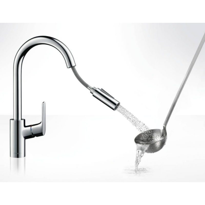 Hansgrohe Focus M41 Jednouchwytowa bateria zlewozmywakowa 240, wyciągana wylewka, 2jet, kolor chrom KOD 31815000 