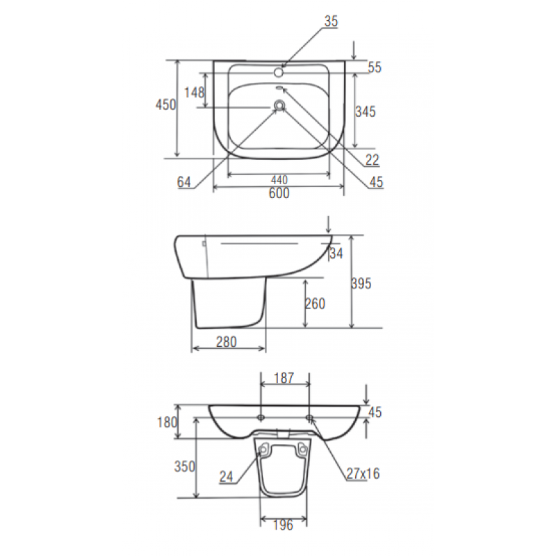 Alterna CLARO Półpostument do umywalki 280x185x260mm Kod ALTN-124482  