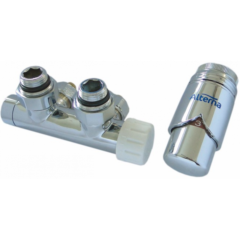 Alterna IRIS Zestaw dekoracyjny grzejnikowy, wersja kątowa lewa DUO-PLEX, złączka do rury Cu + głowica termostatyczna, kolor chrom Kod ALTN-914306