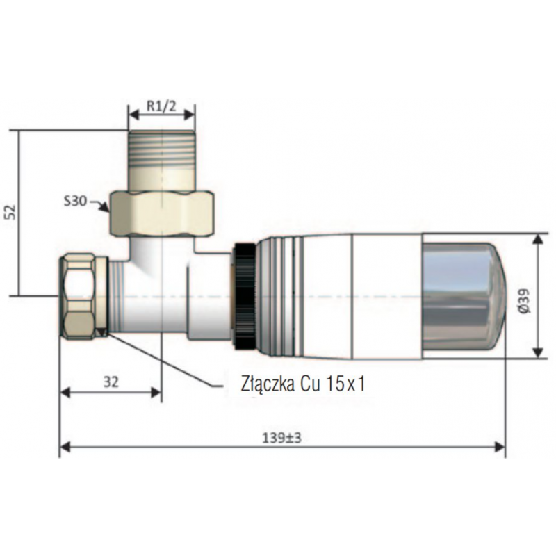 Alterna IRIS Zestaw dekoracyjny grzejnikowy, kątowy, termostatyczny ze złączką Cu M22x1,5x15mm Kod ALTN-965022 