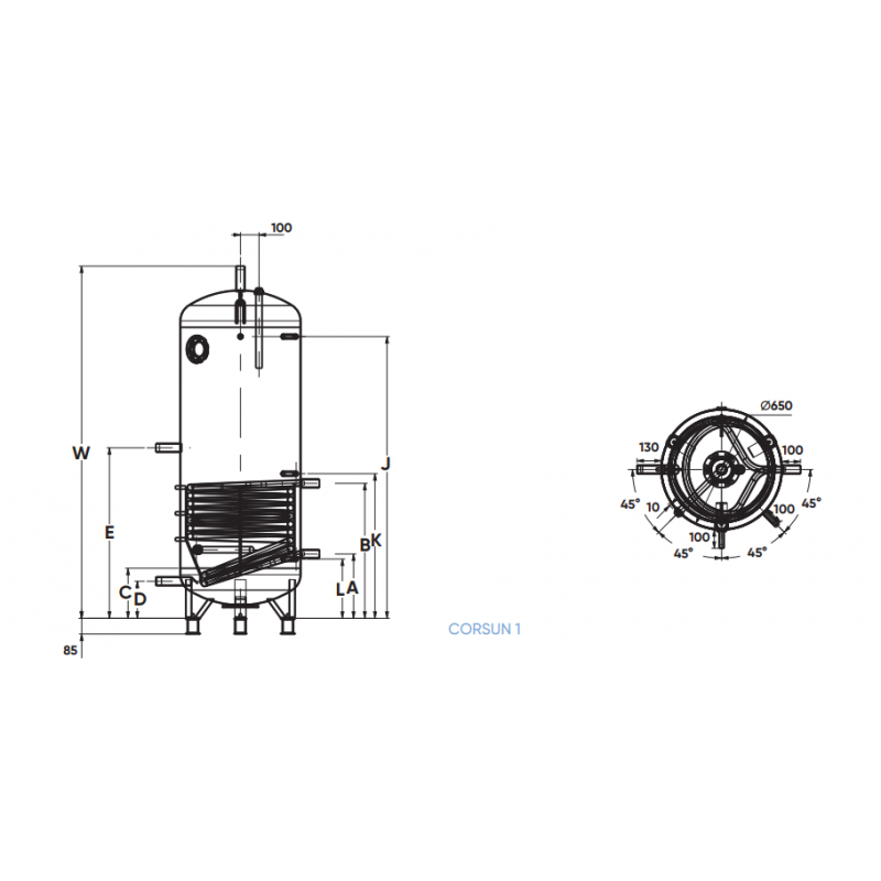 Atlantic CORSUN 1 (750L) Wymiennik c.w.u. z 1 wężownicą 2,40m2, pojemność 750 litrów, stojący, kolor antracyt Kod 640421 